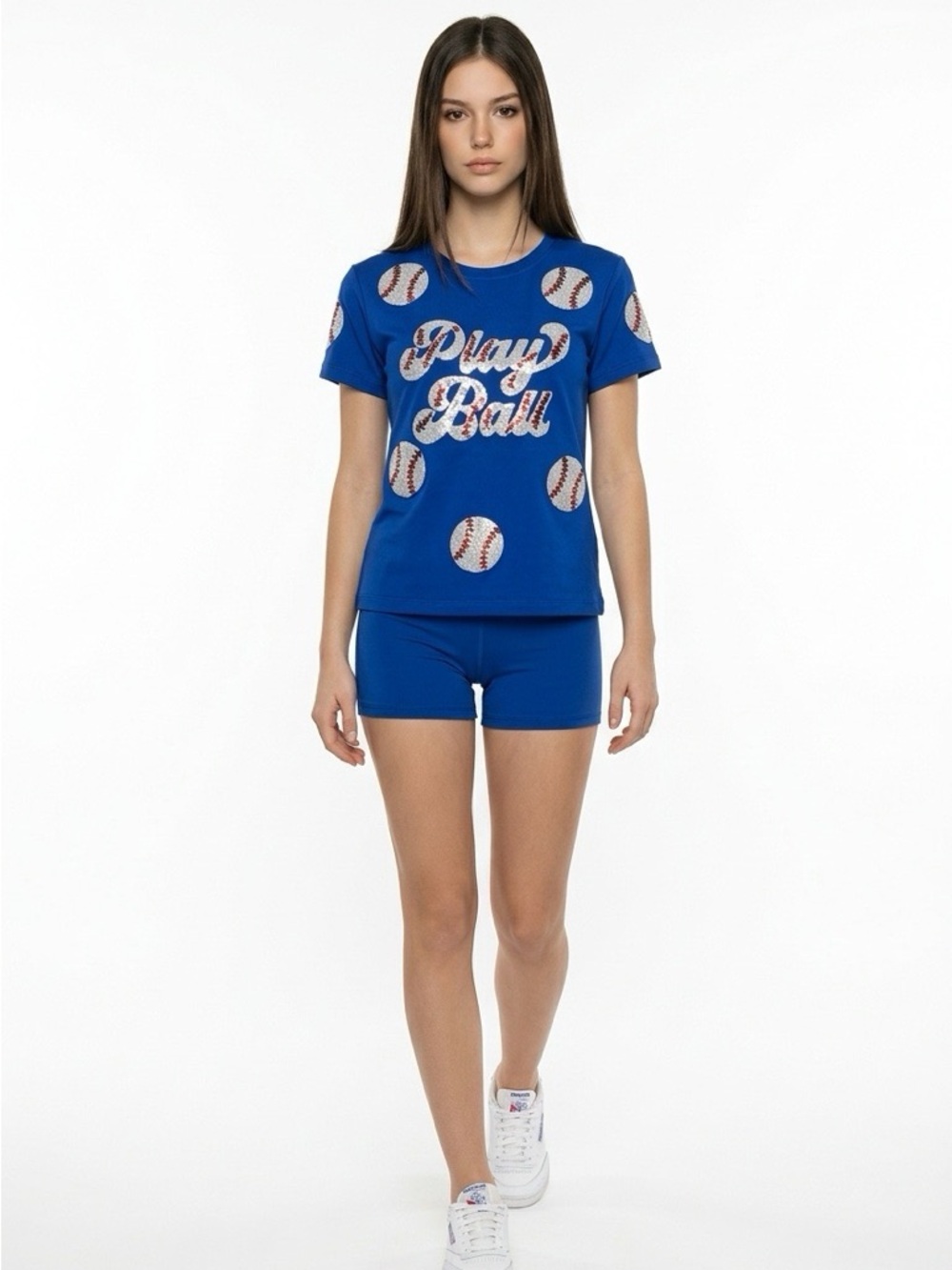 NEW BELLE CHER women's play ball sequin baseball tee in royal blue